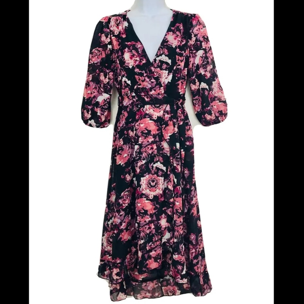 Pink and black floral flowy midi maxi faux wrap dress Ryan Michelle